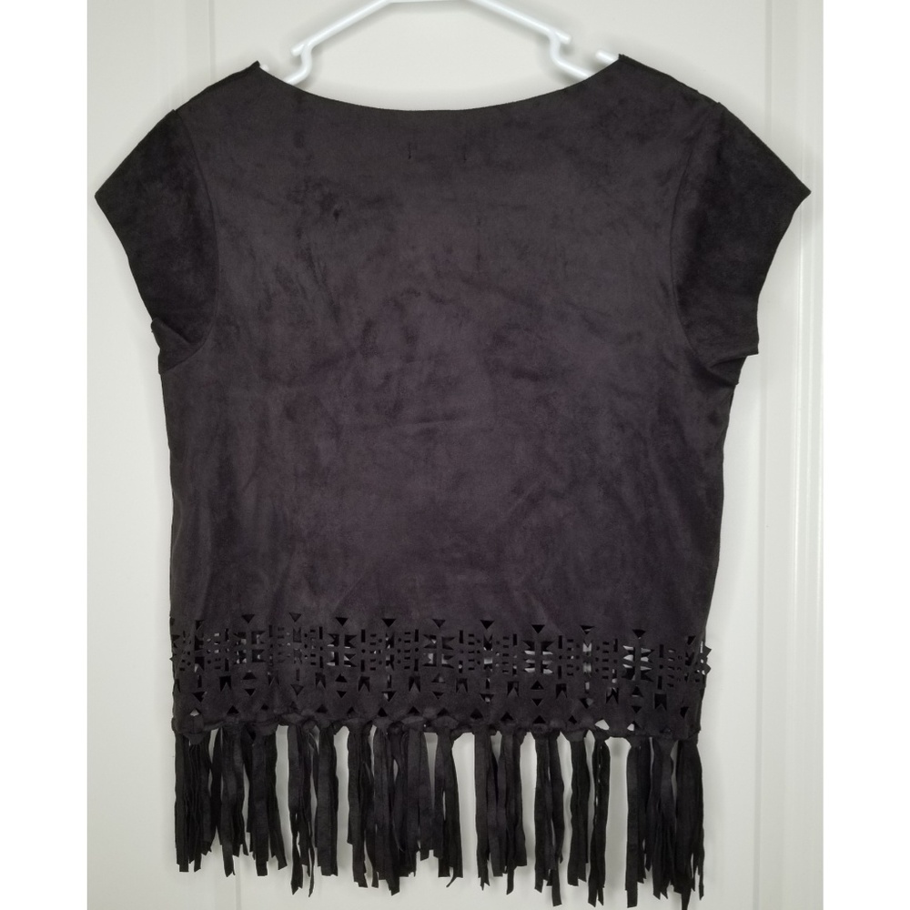 Lasercut Fringe BOHO Faux Suede Crop Top - Picture 2 of 5